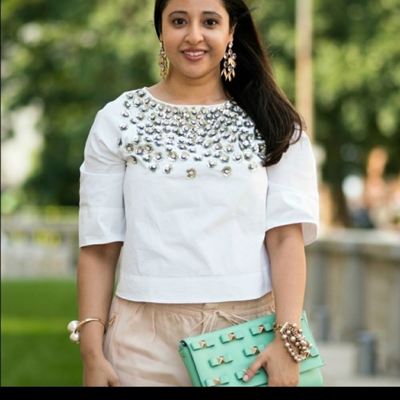 SOLD - New Anthropologie, Not So Serious, poplin beaded top, LARGE - Picture 6 of 9